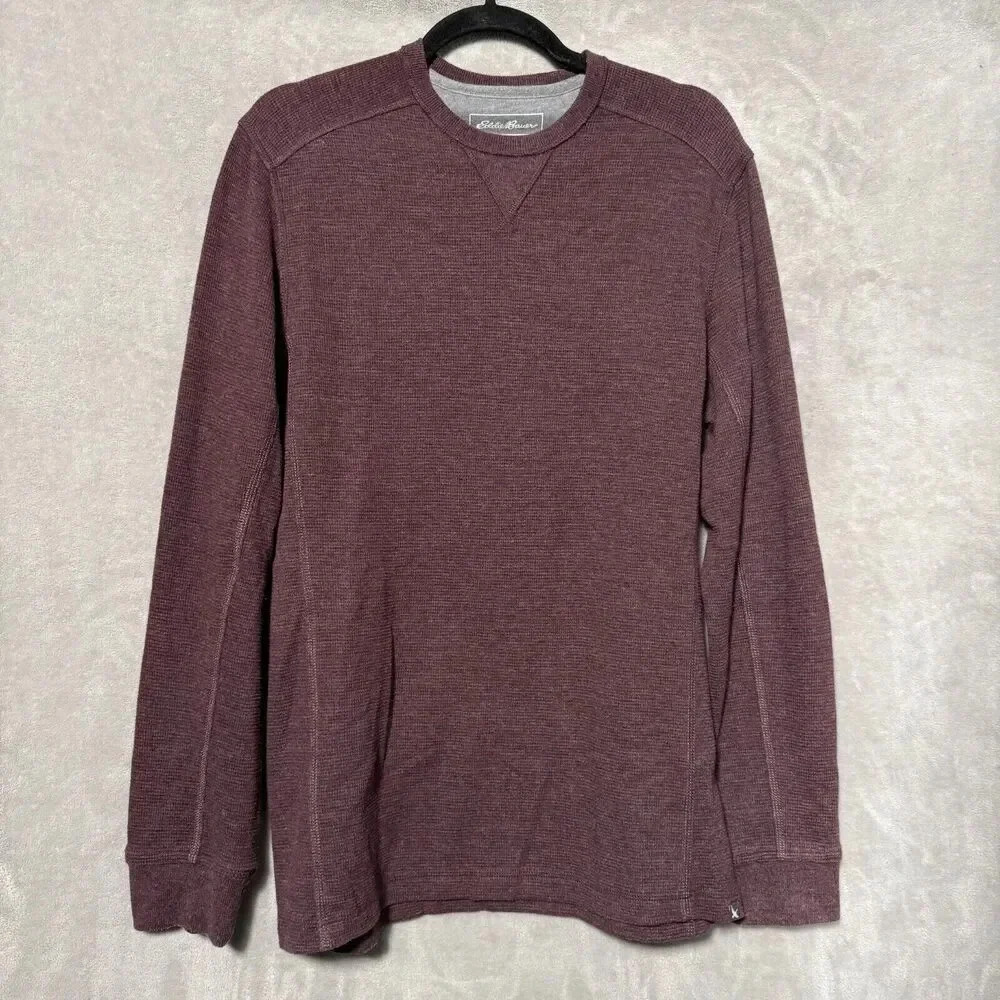 Eddie Bauer Sweatshirt Mens Medium Maroon Waffle Knit Long Sleeve Pullover